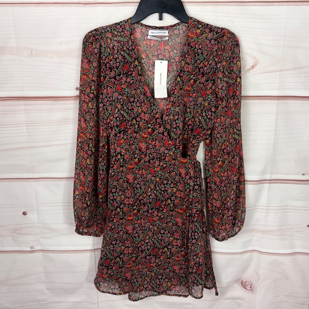 Urban Outfitter Dress Women XS Multicolor Floral Wrap Long Sleeve Chiffon V-Neck